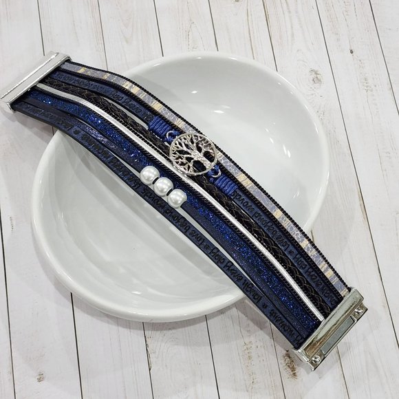 Multilayer Leather Bangle Magnetic Clasp Bracelet for Men or Women 7.5in Blue - Picture 9 of 10